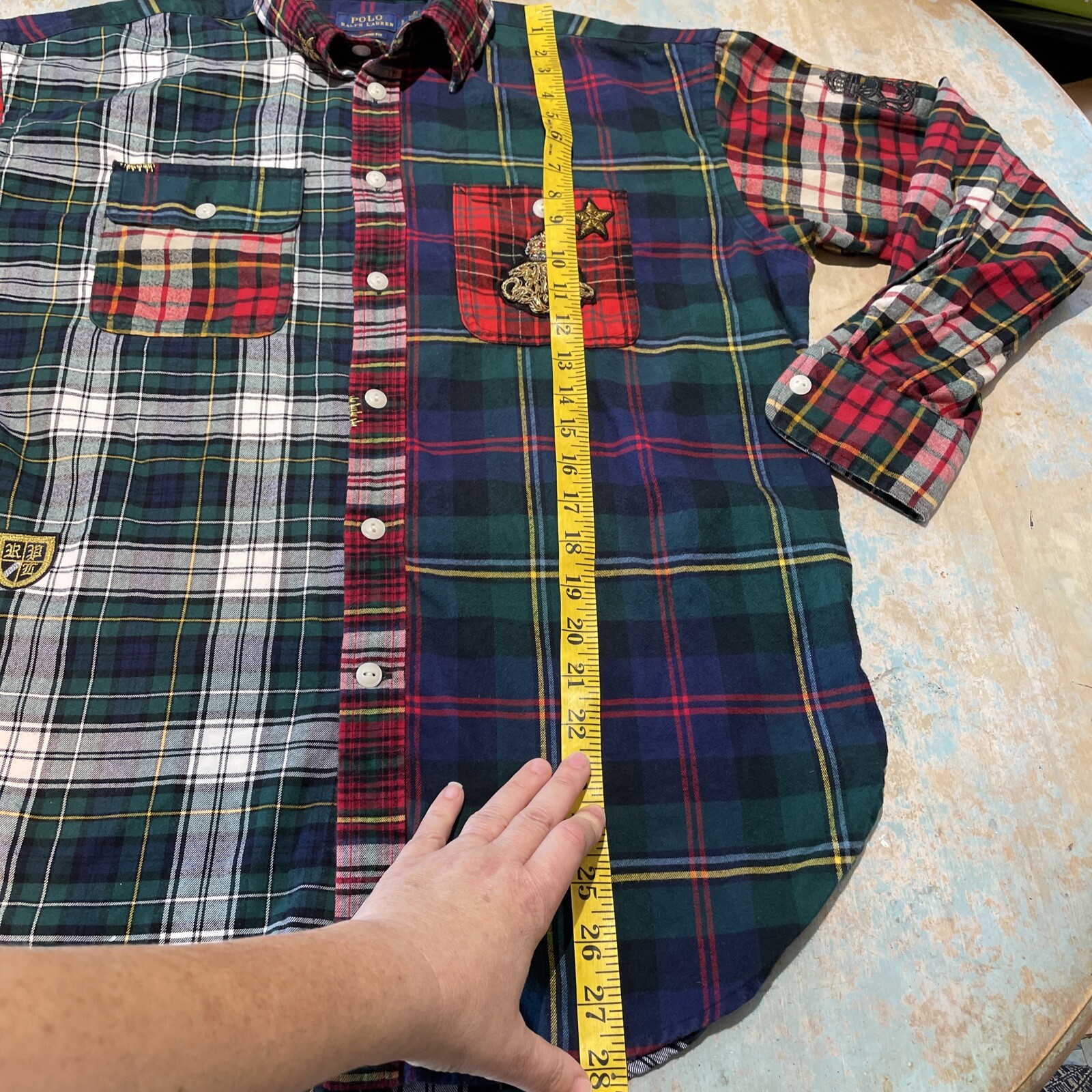 80 rare Polo Ralph Lauren Patchwork flannel crest emblem button up shirt top image 8