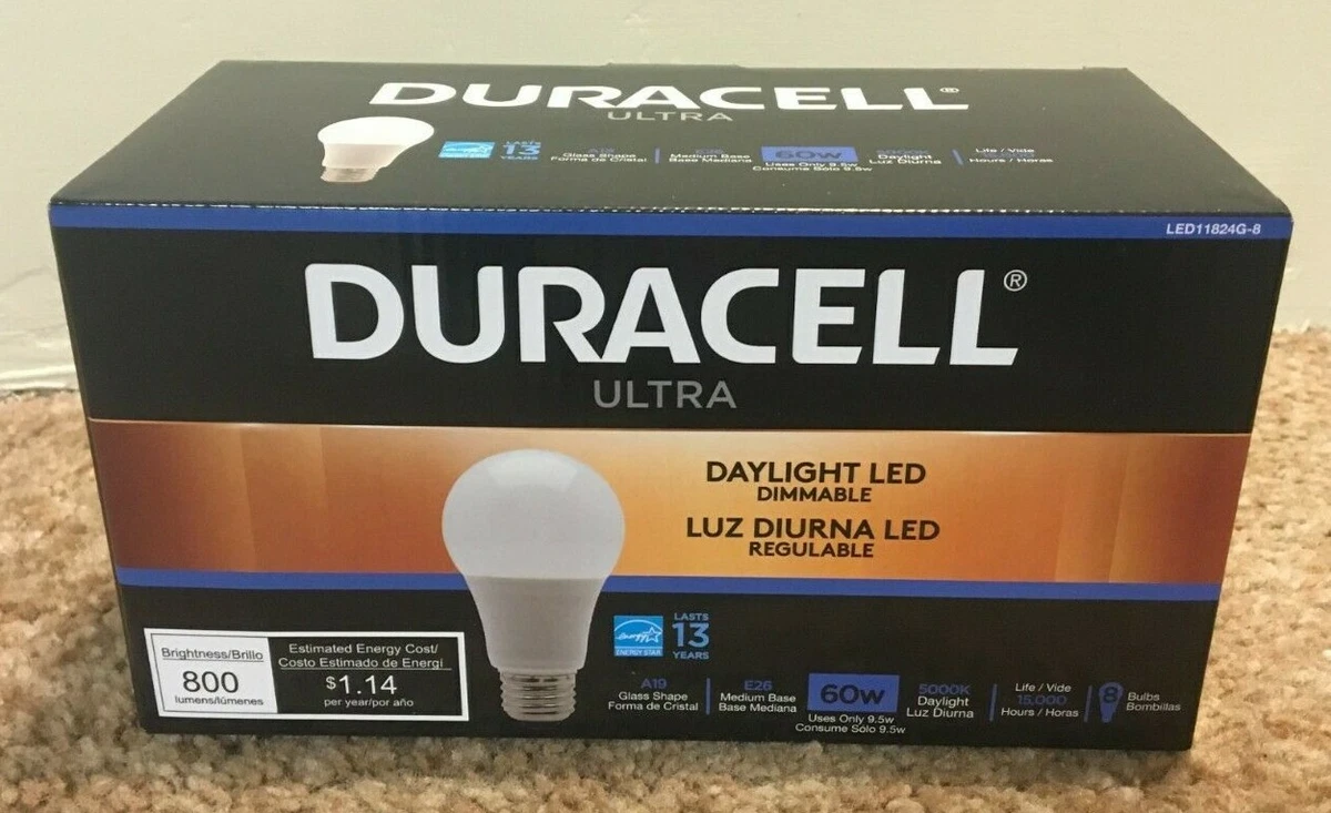 LED Light Bulbs Duracell 60 Watt Equivalent Daylight 5000K Dimmable A19 8 Pack