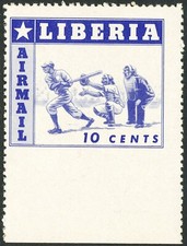 LIBERIA 1955 Sports 10C pink/ultramarine baseball U/M IMPERFORATED+MISSING COLOR