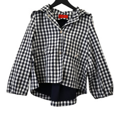 Carolina Herrera Short Jacket XS Blue White Gingham Plaid Hi-Low Boxy Academia