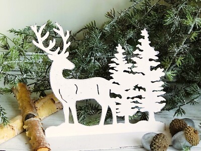 Shabby Aufsteller  Hirsch / Tannenbaum,  Metall Weiß, Tischdeko Fensterdeko