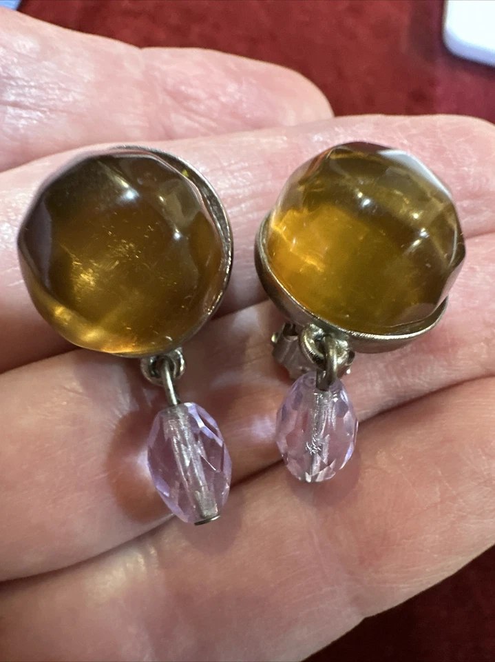 Серьги-клипсы Givenchy 1980-е янтарное и лавандовое стекло серебристые с подписью РЕДКИЕ - Изображение 4 из 4