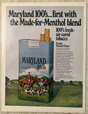 1971 Maryland 100's Menthol Filter Cigarette 100% Air Cured Tobacco Vtg  Print Ad