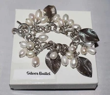 Silpada Sterling Silver Freshwater Pearl & Textured Leaf Cha-Cha Bracelet B1631
