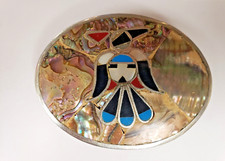 VINTAGE STERLING SILVER PEYOTE BIRD ABALONE SHELL SOUTHWESBELT BELT BUCKLE 40GM
