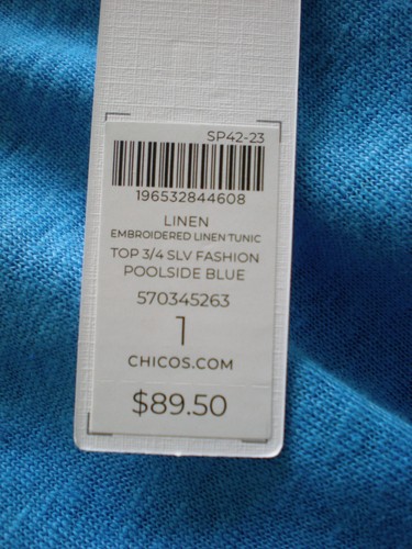 Chicos 1 Embroidered Linen Tunic Poolside Blue White Embroidery 3/4 Sleeve NEW - Picture 8 of 9
