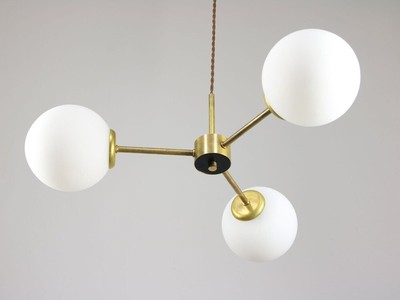 Mid-Century Italian Brass and Opaline Glass Chandelier Stilnovo Chandelier