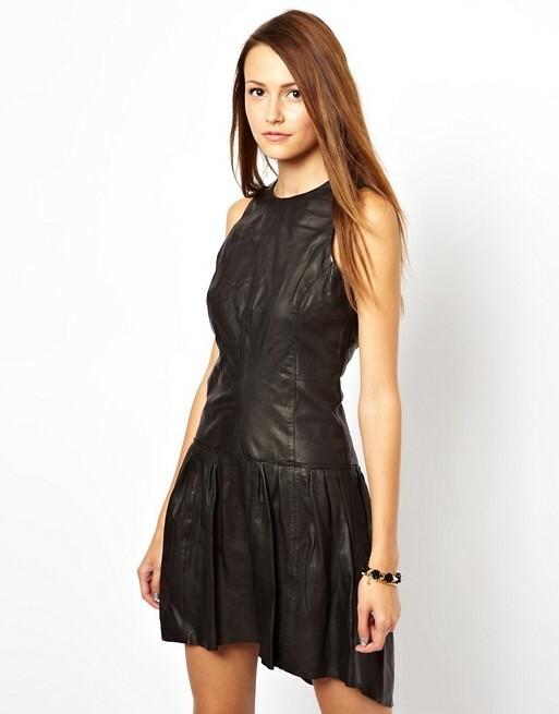 MUUBAA VELA Lambskin LAMB LEATHER PLEATED Drop Waist ASYMMETRIC MINI Dress  4 S