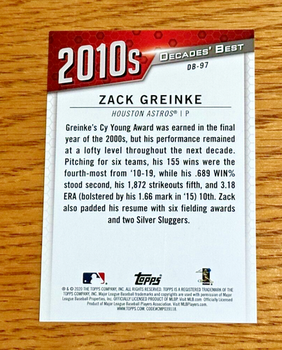 ZACK GREINKE 2020 Topps #DB-97 '10s Decades' Best - Picture 2 of 2