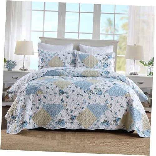 Reversible Patchwork Bedspread Quilt Set 3 Pieces Queen Blue White