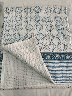 Indian Kantha Handmade Bedspread Quilt Hand Block Print King Size Blanket