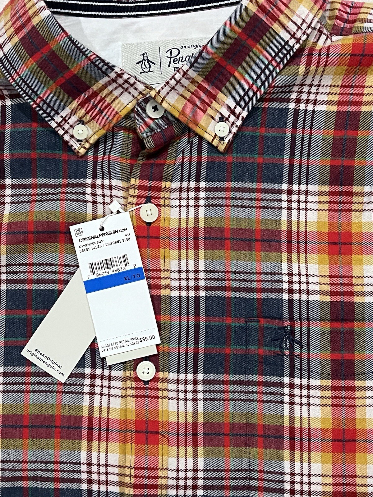 Original Penguin Plaid Casual Mens Button Down Shirt Size XL Textured Blue image 4