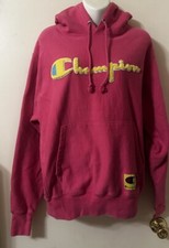 Champion Chenille Spell Out Reverse Weave Pink Yellow Hoodie Mens Medium