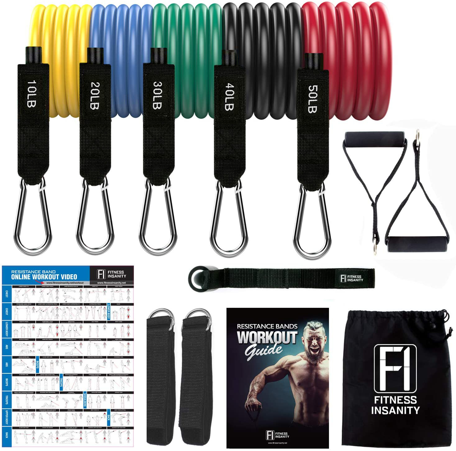 Fitness Insanity Resistance Bands Set - 5-Piece Exercise Bands - Portable Home G