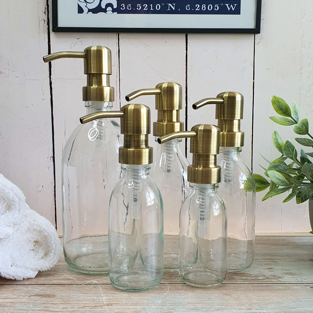 Large Clear Glass Sirop Bottles BRASS Style Pump Soap Dispenser 100ml 500ml