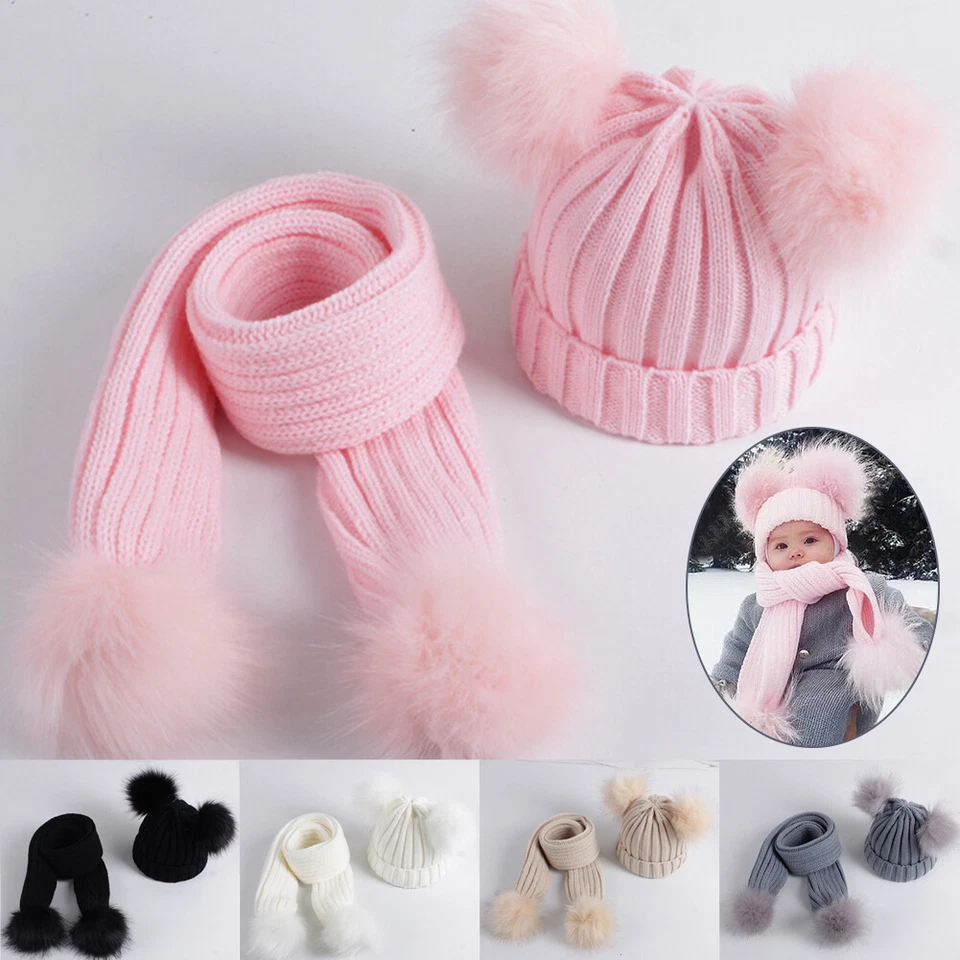 Toddler Knitted Beanie Cap Scarf Set Kids Baby Boy Girl Winter Pom Bobble Hat!