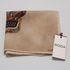 Roda NWT Wool / Silk Blend Pocket Square In Beige with Multicolor Skull
