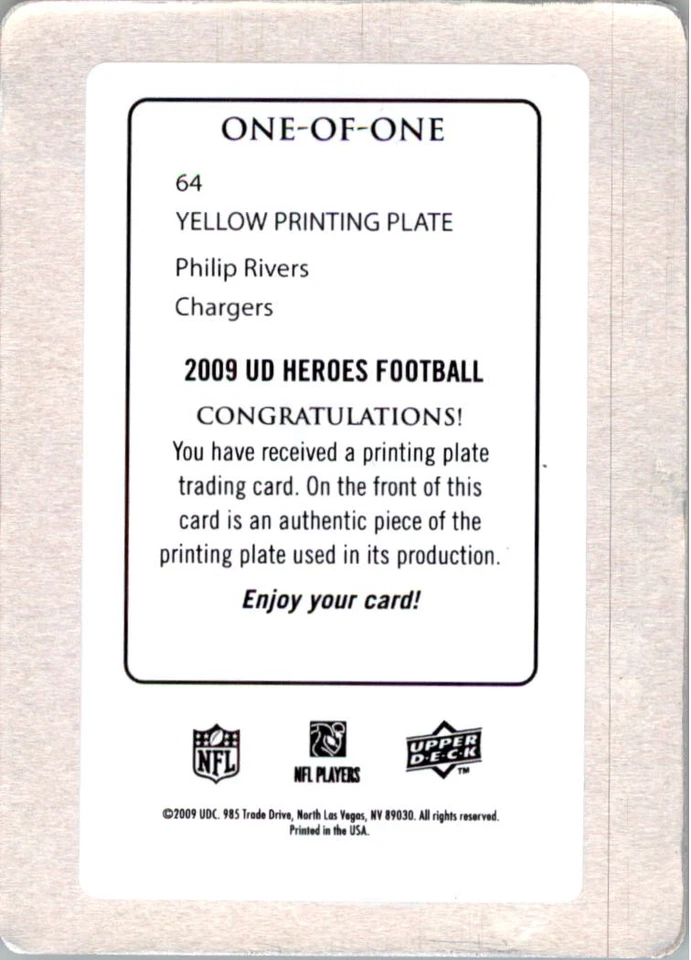 2009 Upper Deck Heroes Printing Plates Yellow #64 Philip Rivers /1 - FB - Image 2 of 2