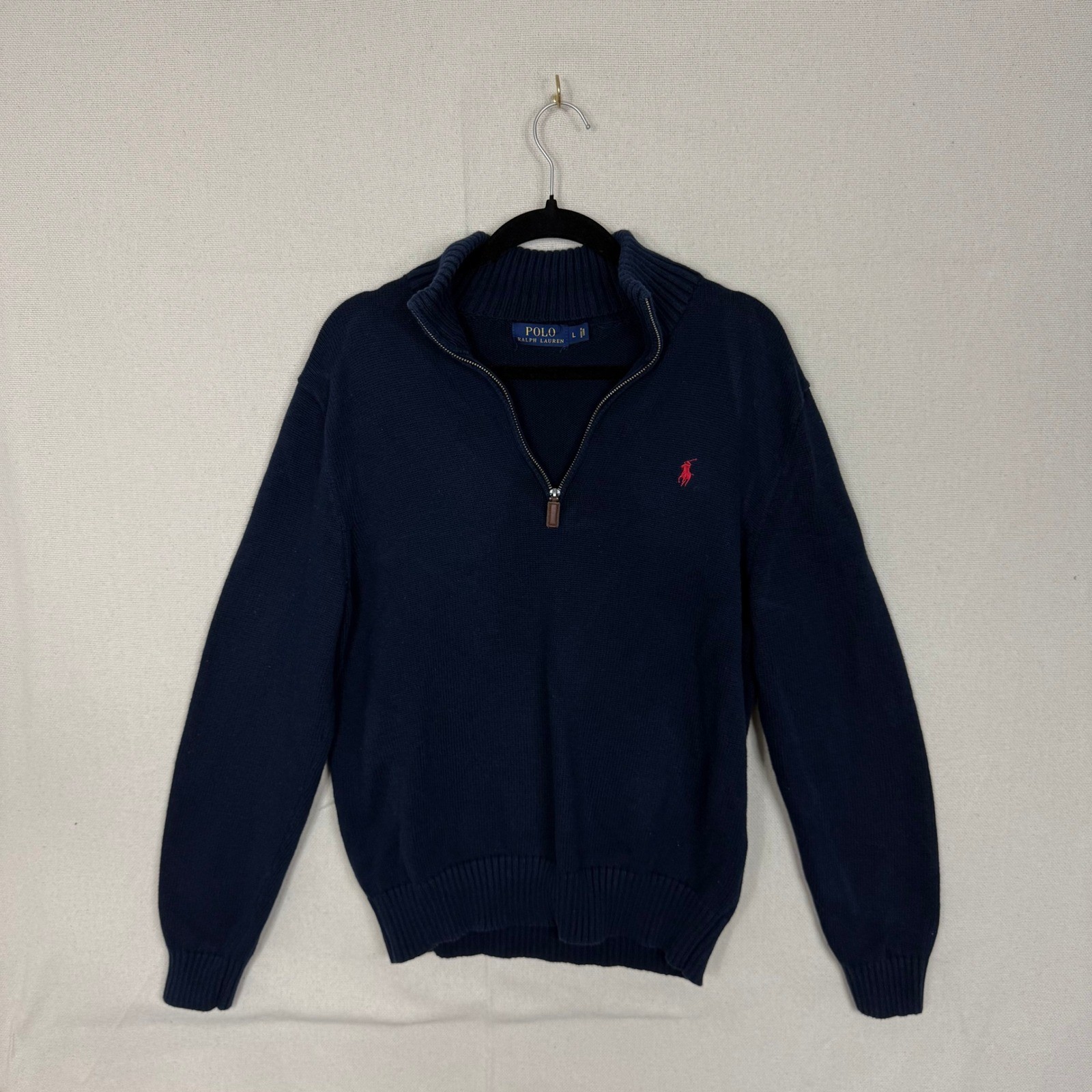 Polo Ralph Lauren Mens Navy Blue 100% Cotton Quarter Zip Pullover Sweater Large