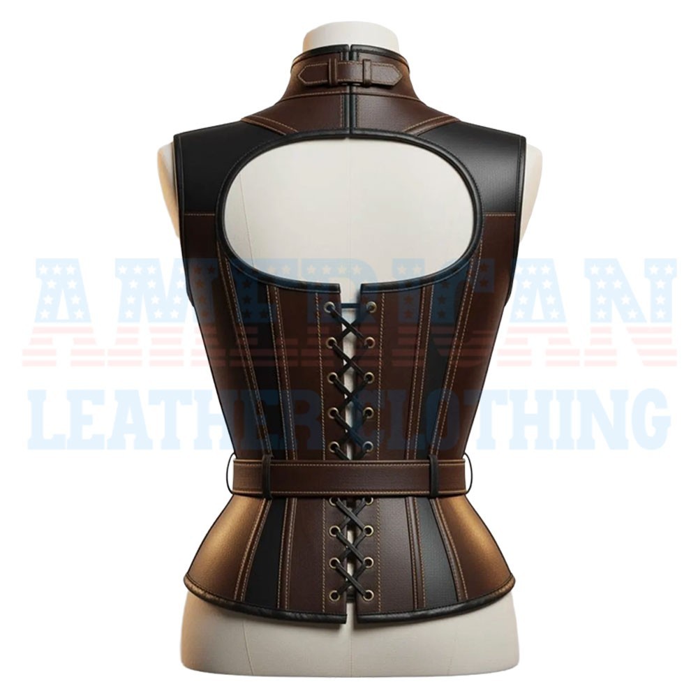 Gothic Steampunk Leather Corset Top Dark Brown Black Waist Cincher Vintage