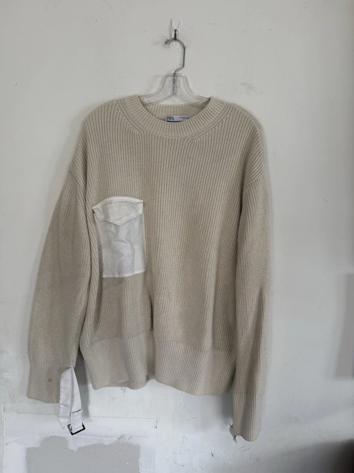 Zara Womens Oversized Cream Knit Pullover Sweater, Wrist Detail, Size Medium  - Image 2 of 4