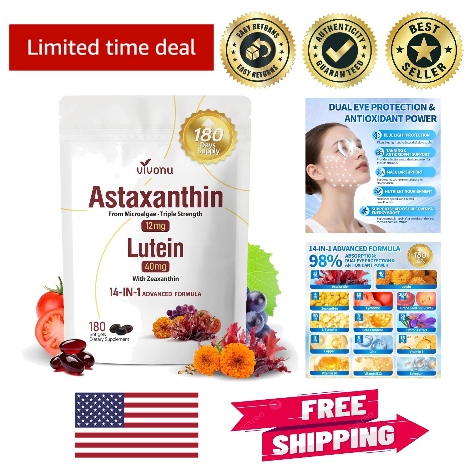 lutein astaxanthin and l glutathione tablets Complete Eye Support with Astaxanthin & Lutein - Non-GMO, Gluten Free Softgels