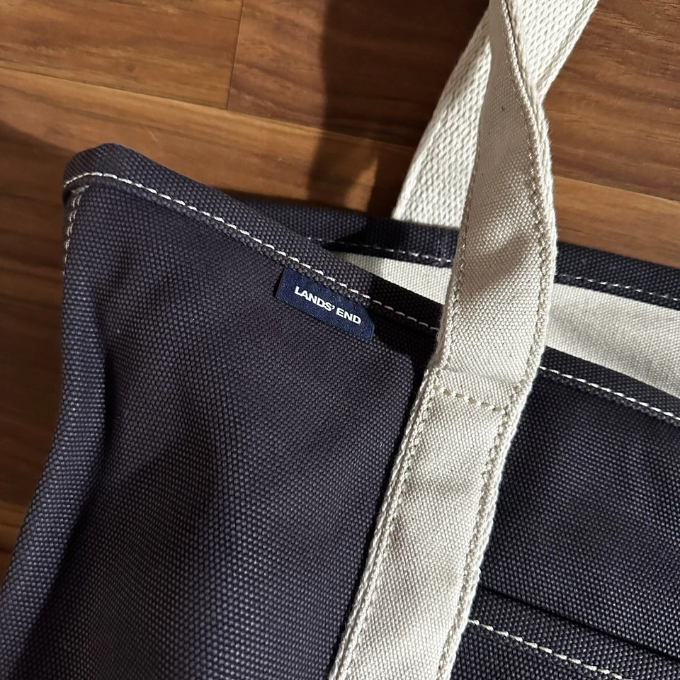 Bolso de Mano Lands End Azul Marino Marfil Grande Cremallera Superior Lona Peso Pesado Correa Playa Gimnasio Foto 2 de 4