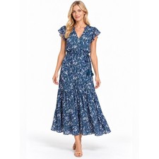 Omika Size Small Blue Print V-Neck Boho Maxi Dress with Tie Waist
