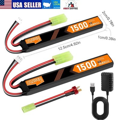 2x 2S Airsoft LiPo Stick Battery 7.4V 1500mAh 35C Mini Tamiya Plug with Charger