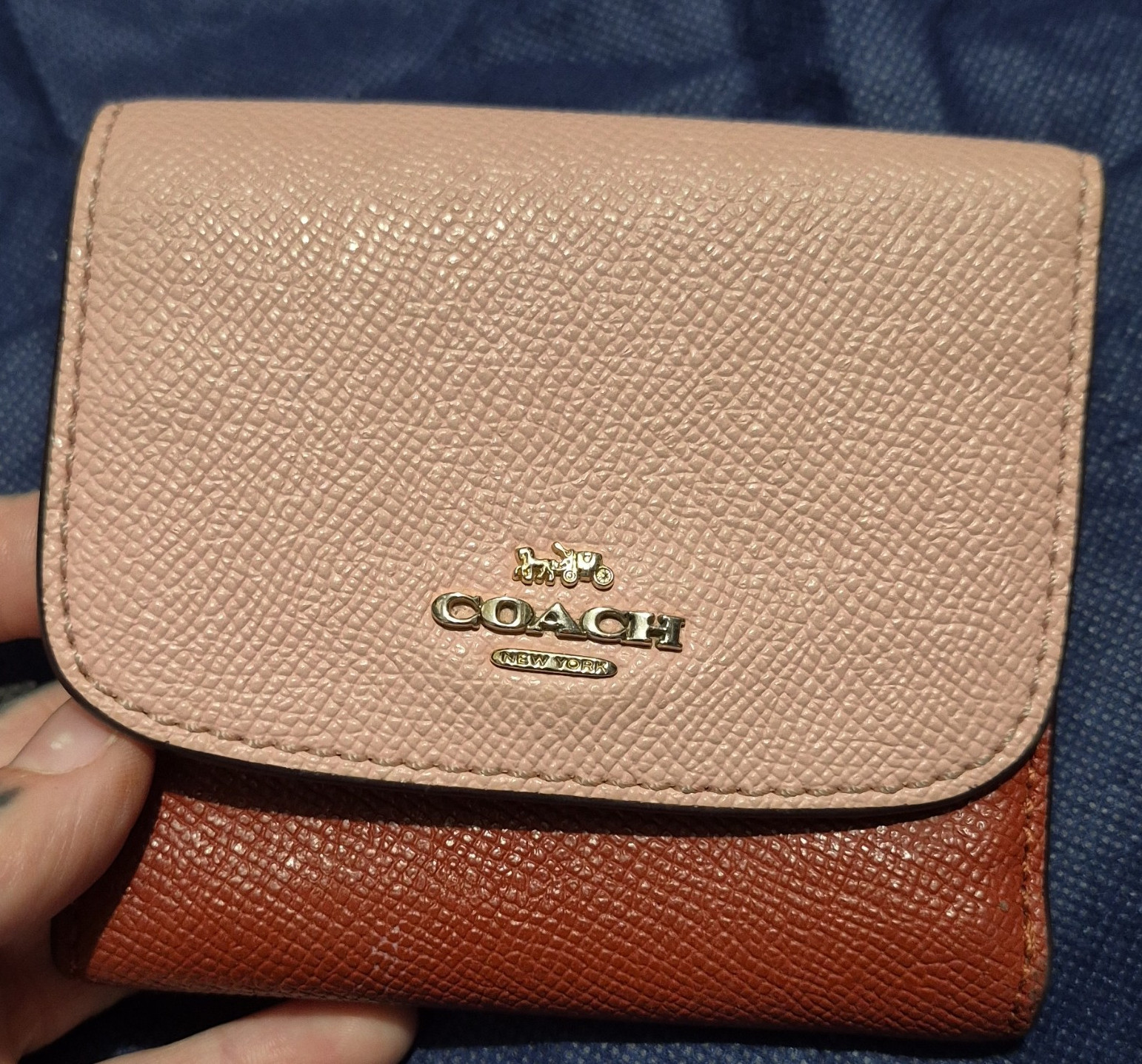 Coach Women’s Pink & Brown Tri-Fold Wallet w/ Zip Coin Pocket & Logo