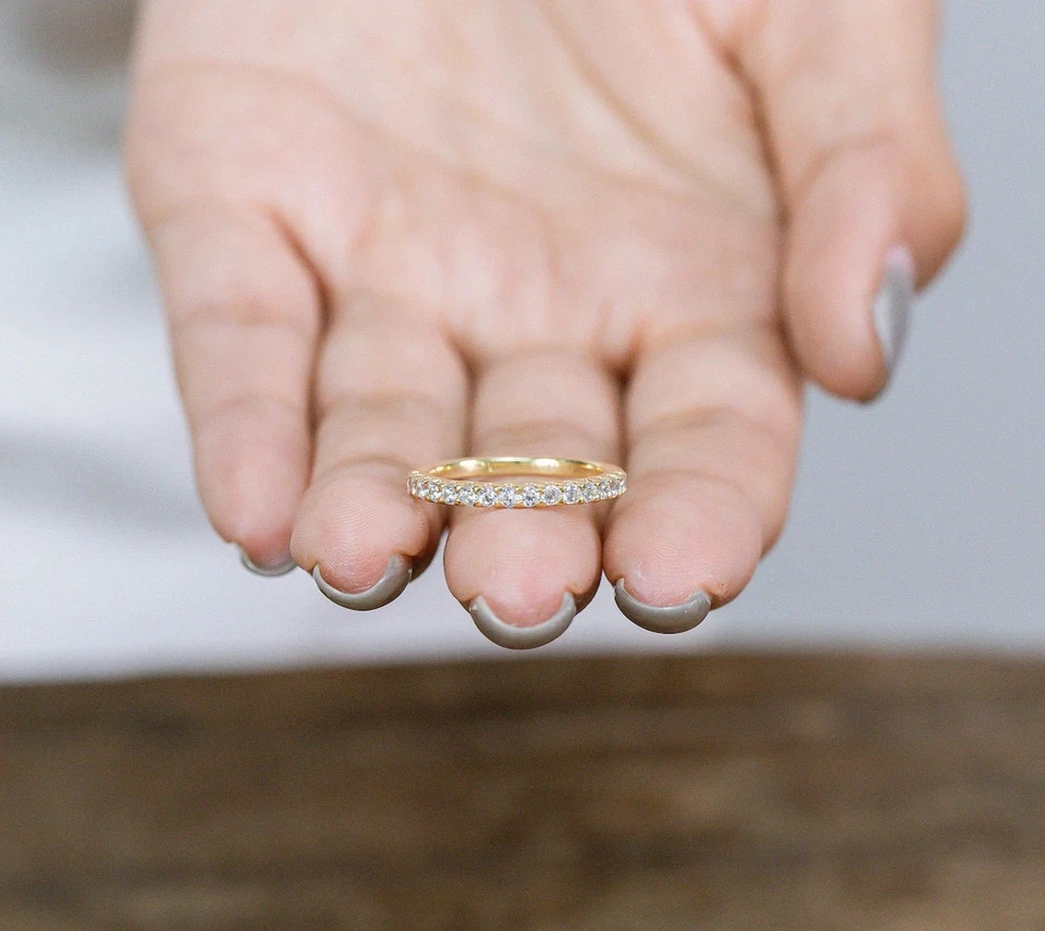 Lab Grown Half Eternity Diamond Band Minimalist Stacking Band 9k Gold Ring - Image 2 of 4