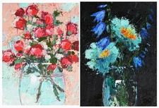 Set of 2 Original Oil Painting 8"x6" Impasto Modern Art bluebells Roses