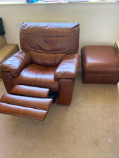 Brown Leather Recliner Chair with Footstool, Padded Seat, Solid Plain