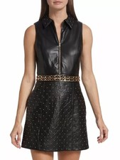 Alice + Olivia Ellis Black Quilted Faux Leather Mini Dress Studded Gold Chain 6