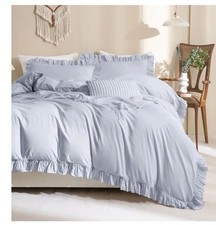 QSH Washed Cotton Ruffled King Duvet Cover Set Three-Piece Cornflower Blue