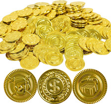 Plastic Gold Coins - 144 Count Kids Play Money Pirate Tokens - Toy Treasure Hunt