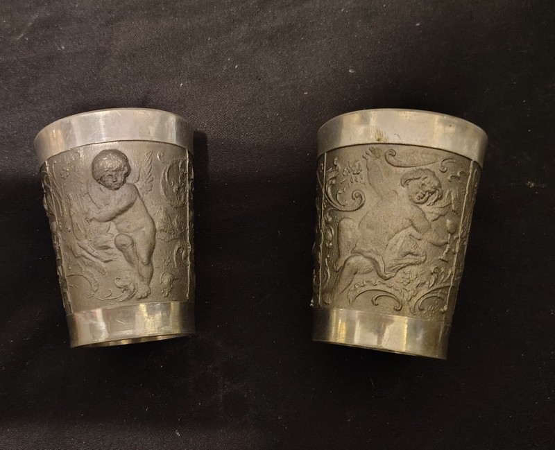 Vintage Rein Zinn Embossed Pewter German shotglasses (set of Two )