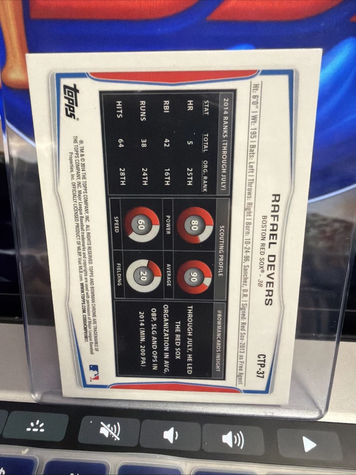 Rafael Devers Red Sox 2014 Bowman refractor cromado #CTP-37 como nuevo autografiado Foto 2 de 2