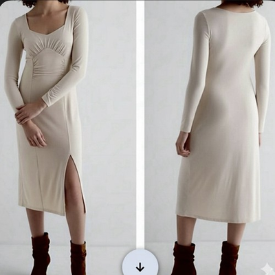 #ad Express Dress S Beige NWT Ruched Long Sleeve Side Slit Midi Party Chic Glam $35.00