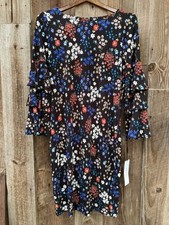 nwt calvin klein dress sz 4 bell 3/4 sleeve sheath knee lngth blk/blue/wh floral
