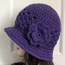 Handmade Womens Crochet Cloche Hat with Flower, Lacy, Open Weave, Purple