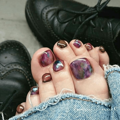 48 Pcs Purple Brown Marble Toe Press on Nails, Short Square Glossy False Nails