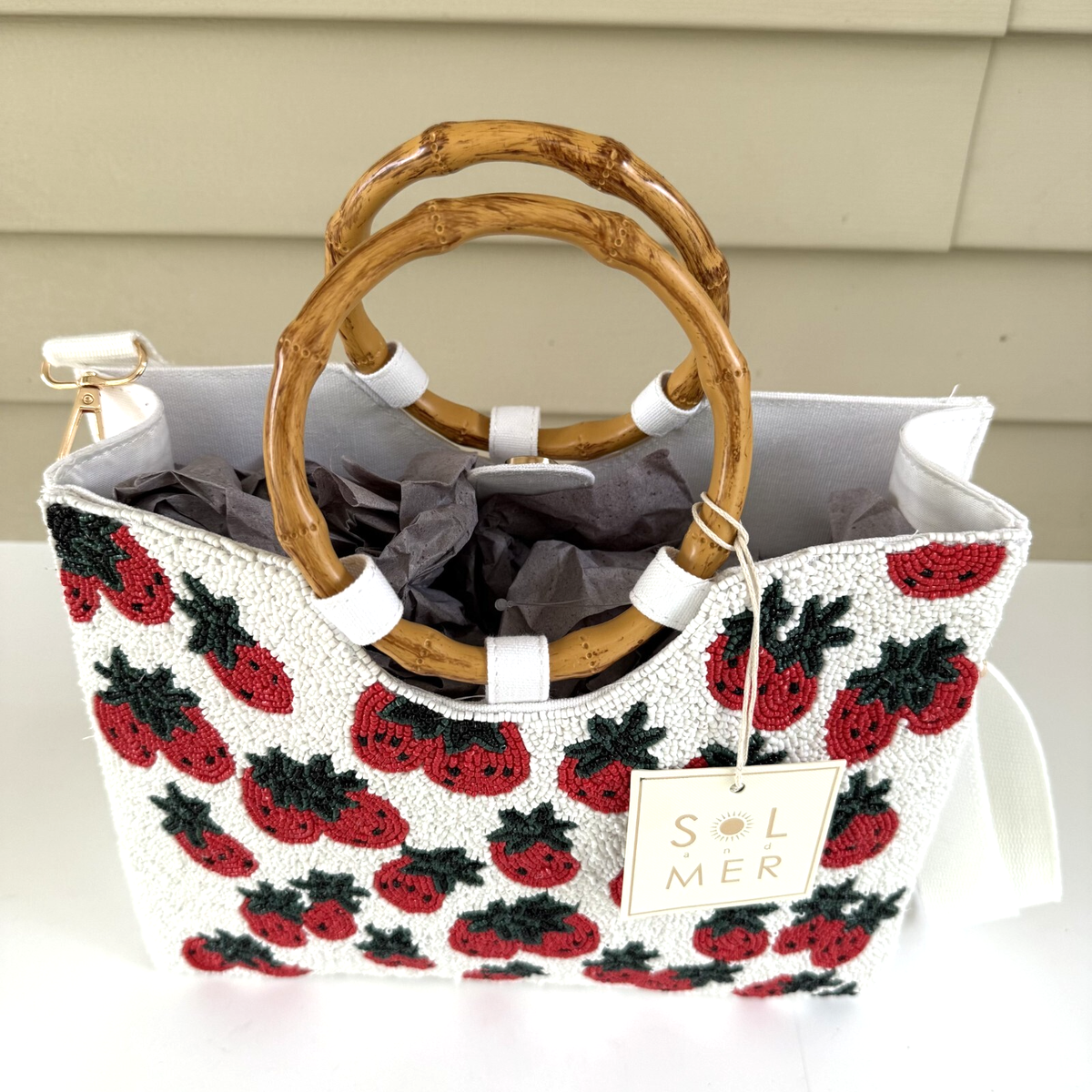 Sol And Mer Beaded Strawberry Bag with Bamboo Handles and