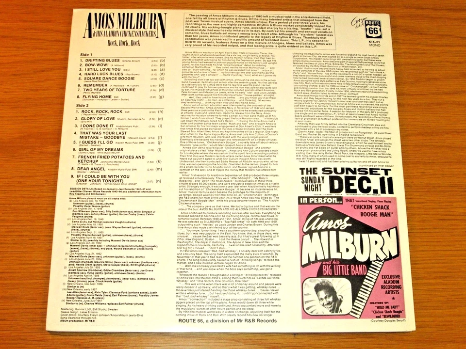 IMPORT BLUES LP - AMOS MILBURN - ROUTE 66 KIX-21 - "ROCK, ROCK, ROCK"  - Image 2 of 3