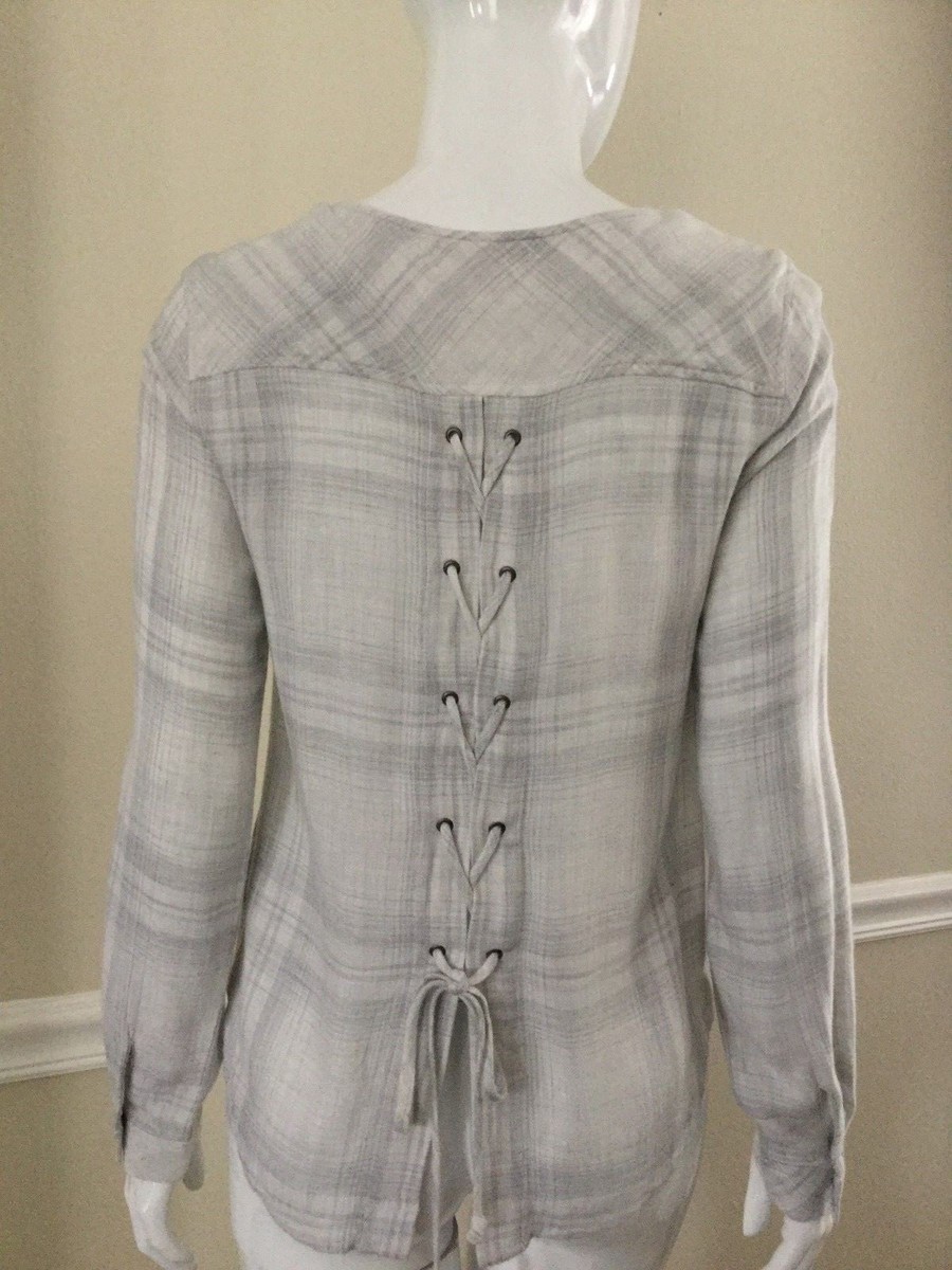NEW CLOTH & STONE SzXS PLAID BACK LACE UP LONG SLEEVE PULLOVER TOP