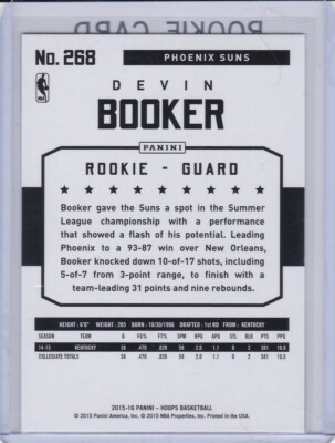 DEVIN BOOKER ROOKIE CARD 2015 Panini Phoenix Suns NBA HOOPS