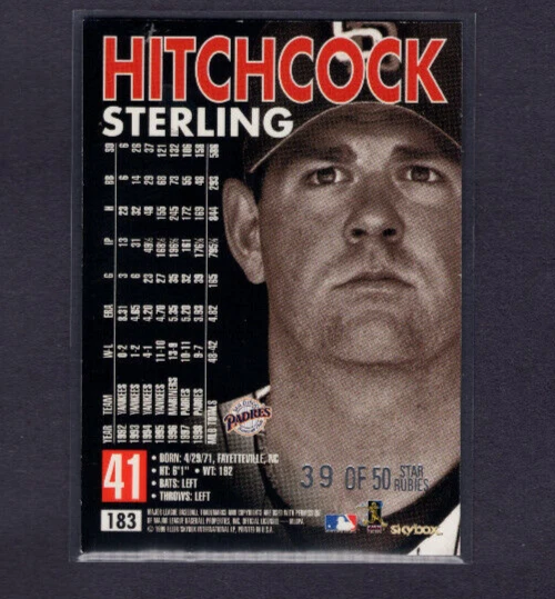 1999 SKYBOX PREMIUM STAR RUBIES PARALLEL #183 STERLING HITCHCOCK PADRES SP #/50 - Image 2 of 2