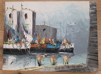 MORGAN【船場】油彩画 Vtg Alfred George Morgan Signed Impasto Oil On Canvas Harbor