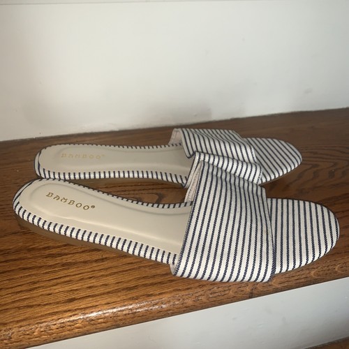 BAMBOO Navy Blue Stripe Anchor's Away Boat Dock Slides Sandals Womens Sz 11💗211