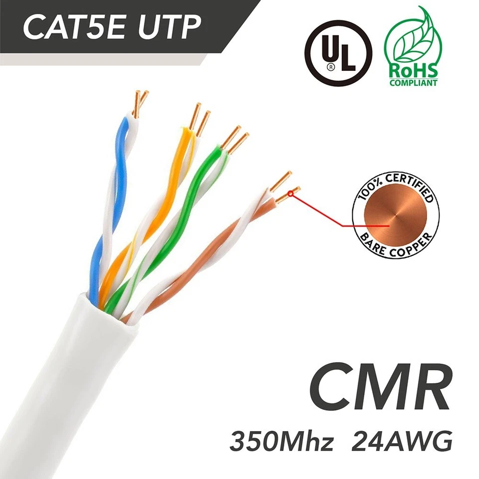 1000FT CAT5E Network LAN Ethernet UTP Bulk Cable Solid Copper Wire 24AWG White - Image 2 of 4